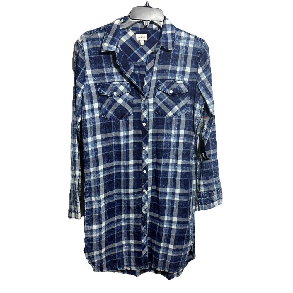 Sneak Peek Plaid Shirt Dress Sz L Navy Blue Long Sleeve Button Up Raw Hem